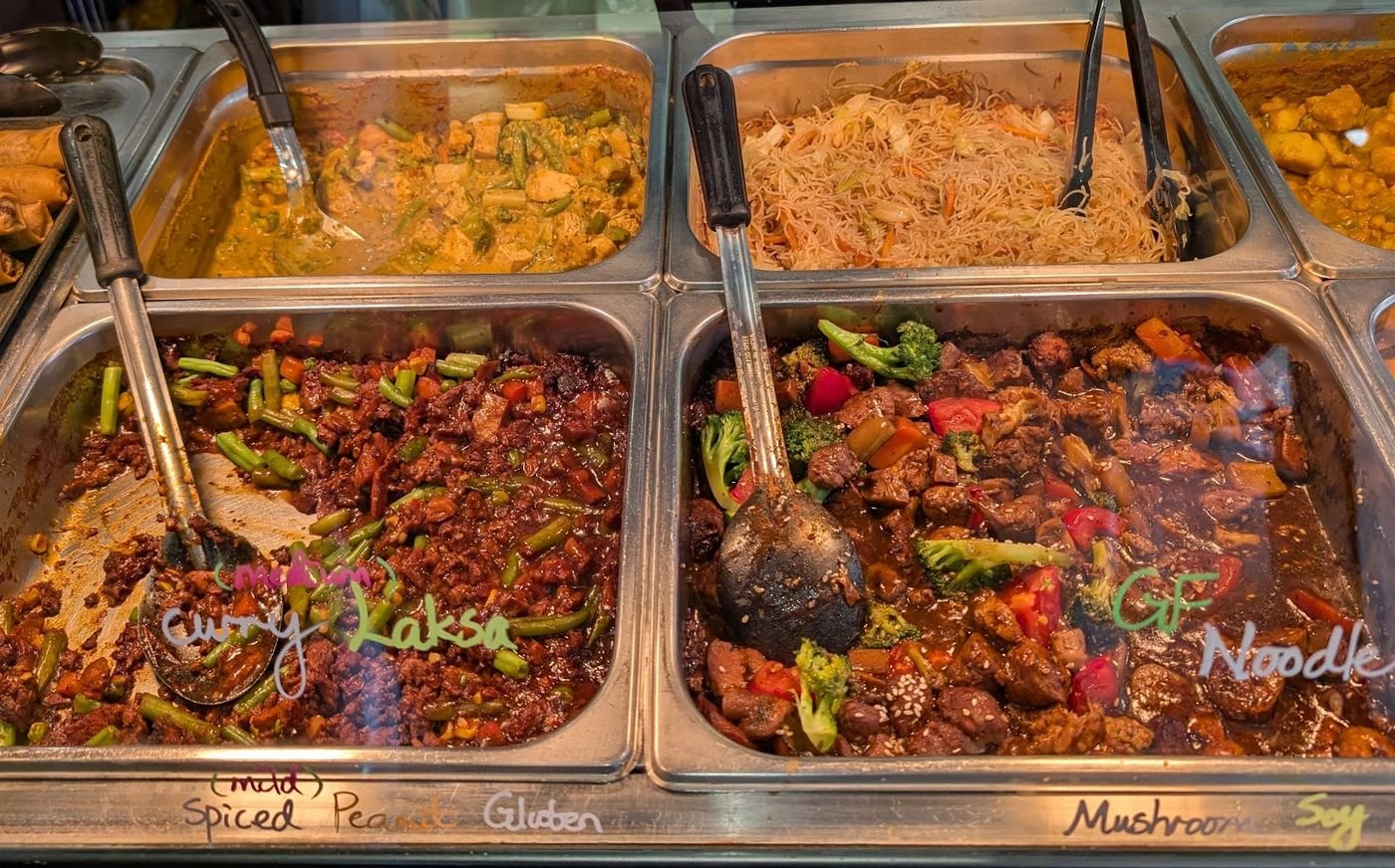 Curry laksa and noodle dishes in the Heart Food bain-marie